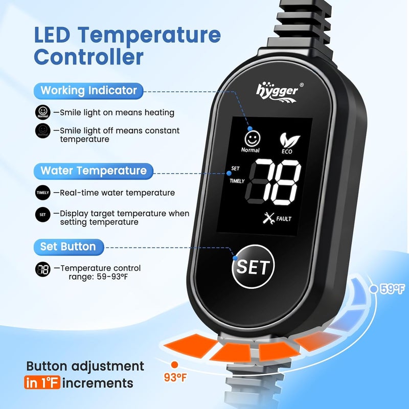 Hygger سخان حوض السمك، سخان سيراميك مطور 50 واط لحوض السمك الصغير مع وحدة تحكم LED رقمية، تسخين سريع، تحكم دقيق في درجة الحرارة، سخان حوض السلاحف للمياه العذبة/المياه المالحة - Image 3